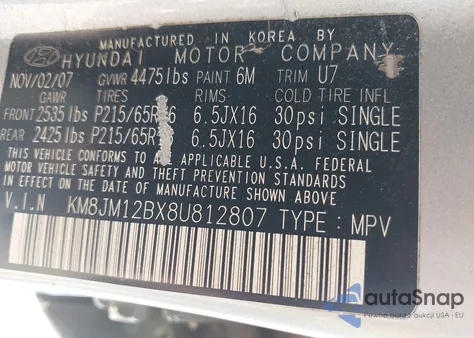 2008 Hyundai Tucson Gls z USA, uszkodzony, nr VIN KM8JM12BX8U812807